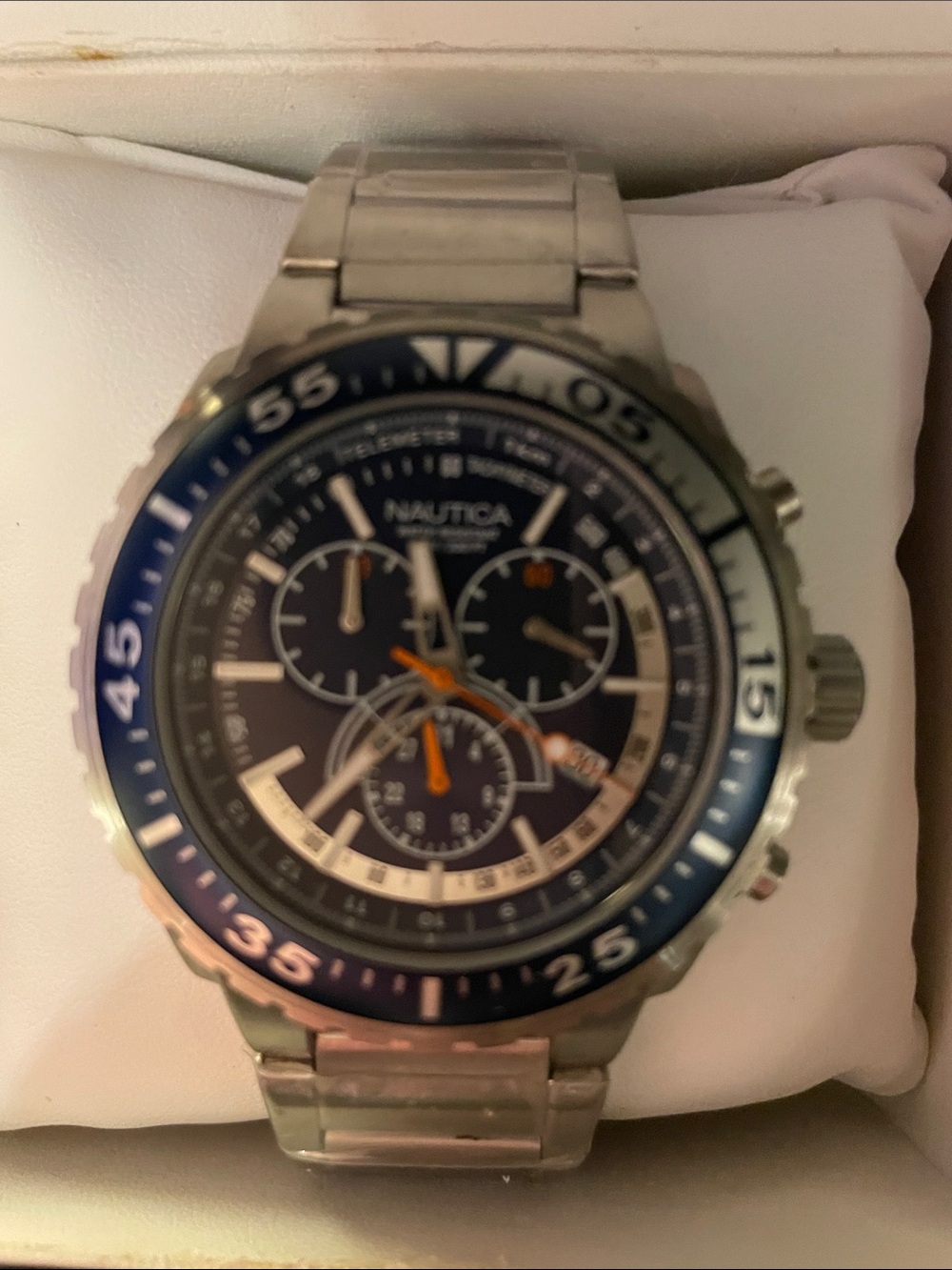 Nautica Men's Blue Dial Stainless Steel Chronograph Watch with Orange Accents